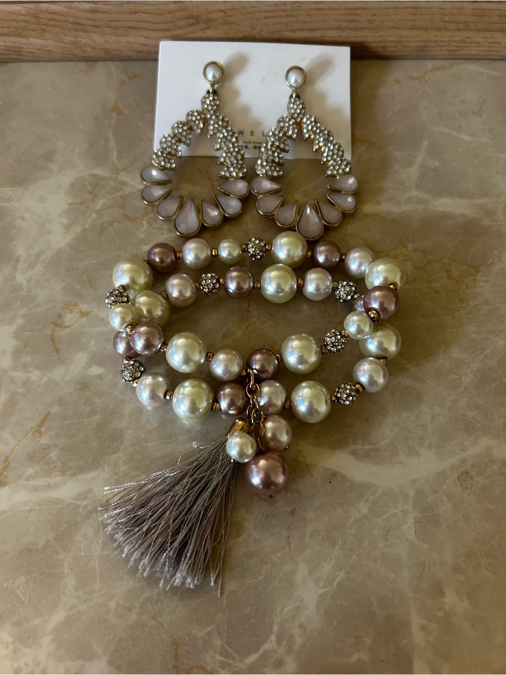 Pearl & Tassel Stretch Bracelet Set with Crystal Accents - Taupe & Ivory